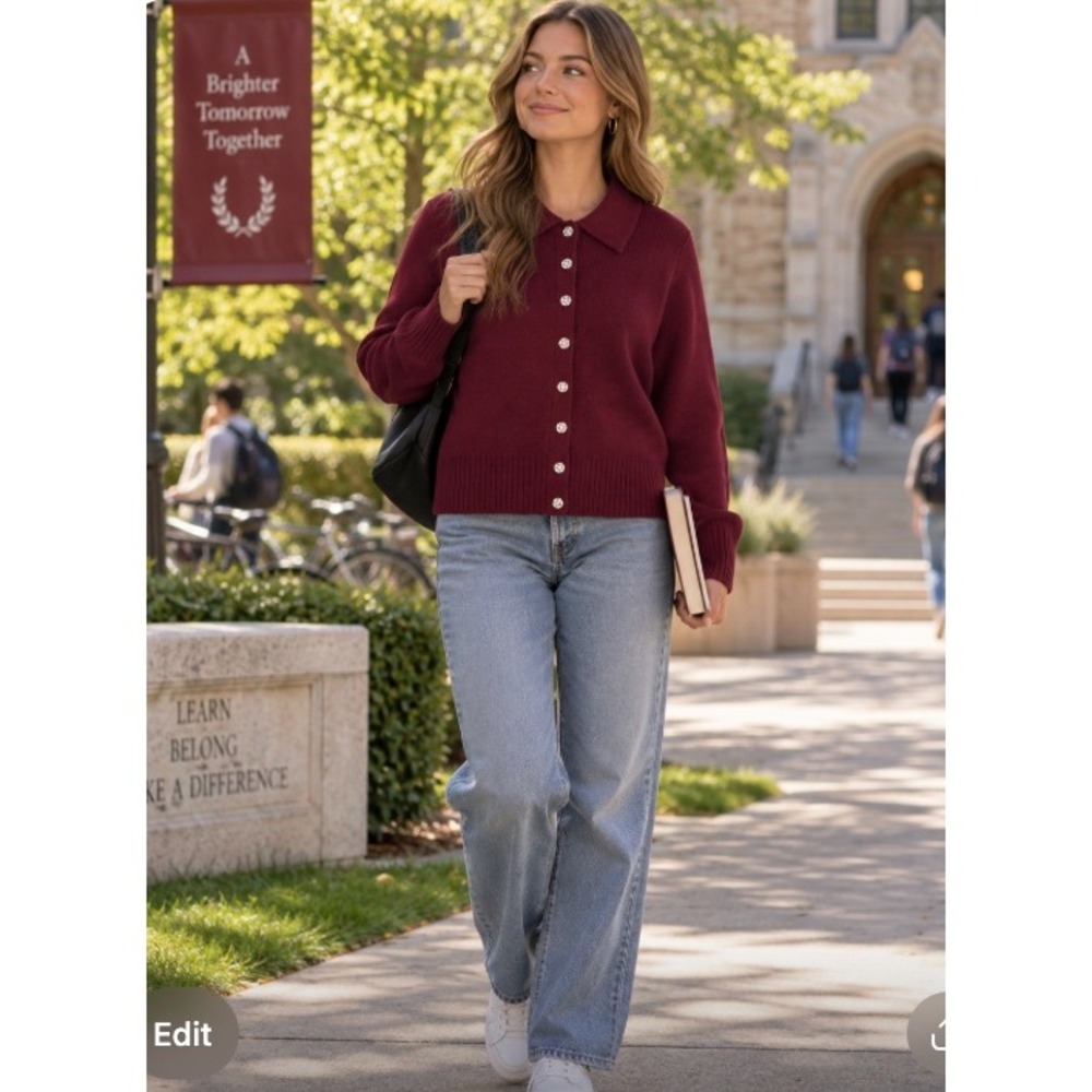 J.Crew Cinched Waist Cardigan Embellished Buttons* Size Small Burgundy Lambswool